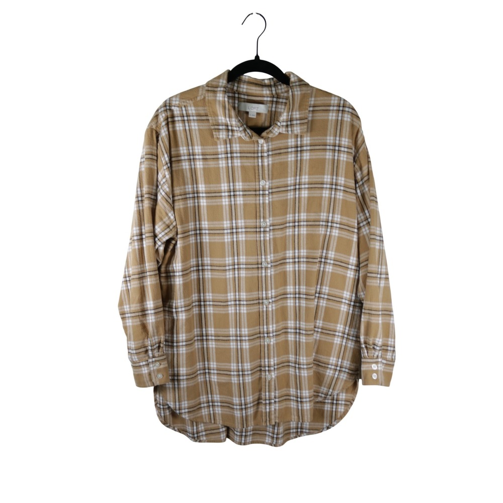 LOFT Tan White Plaid Flannel Button Down Shirt Women XL Cotton RN140923
